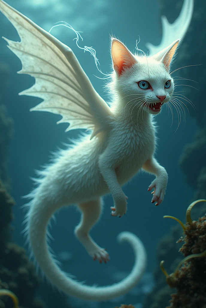 The cat transformed into a pale sea monster with wings on its back.