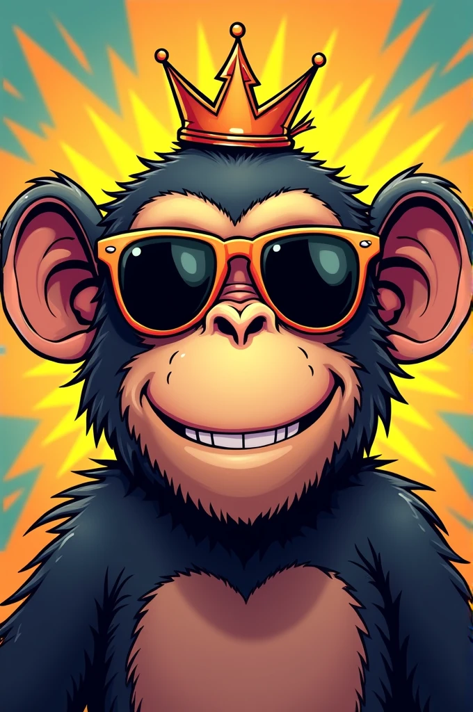 Affenkopf im comic style, ray ben sunglasses, crown, cheeky grin