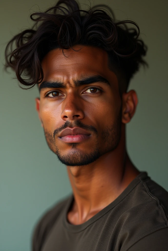 Young male 22 years old Brazilian dark-skinned light brown eyes square face striking and prominent eyebrows apparently confident