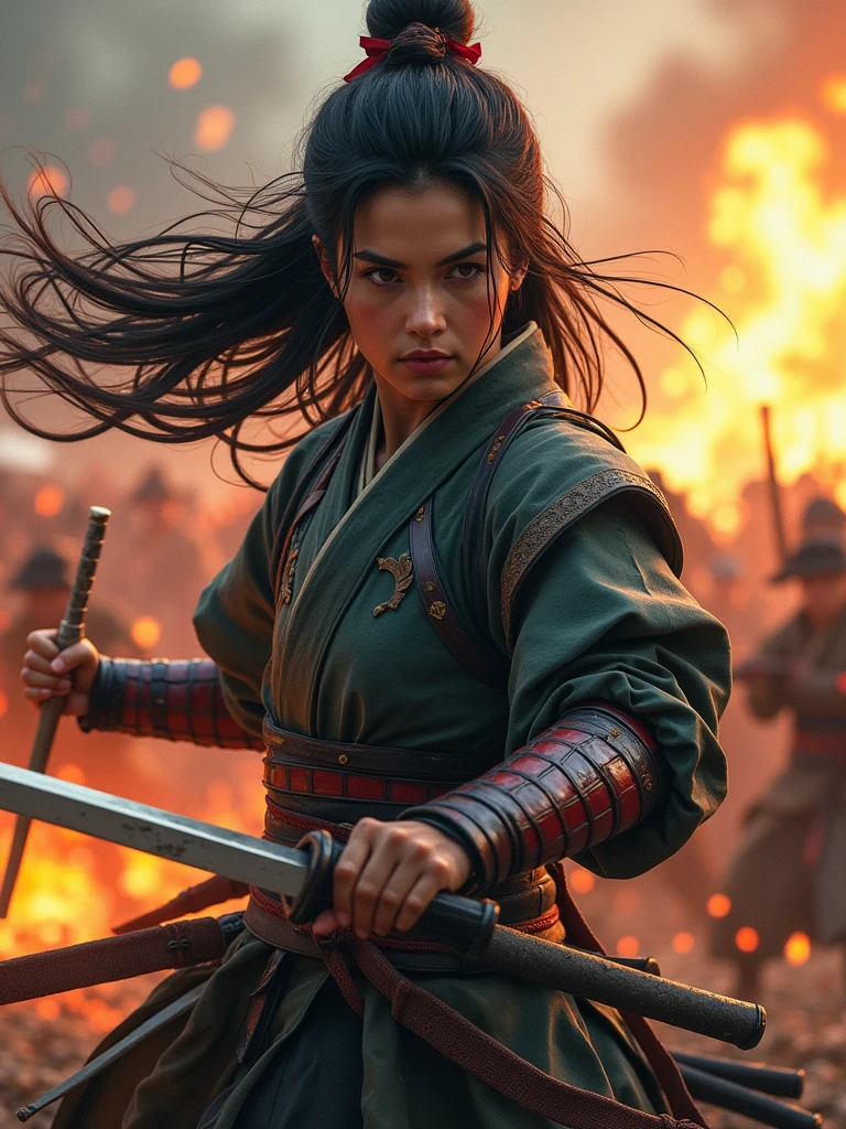 Japan Female Samurai、Female warriors of the Sengoku period、Wearing a helmet、Scene of fierce fighting、There are many people fighting around、Flames are rising all around、Sense of presence。Real、Genuine、26age、Black Hair
