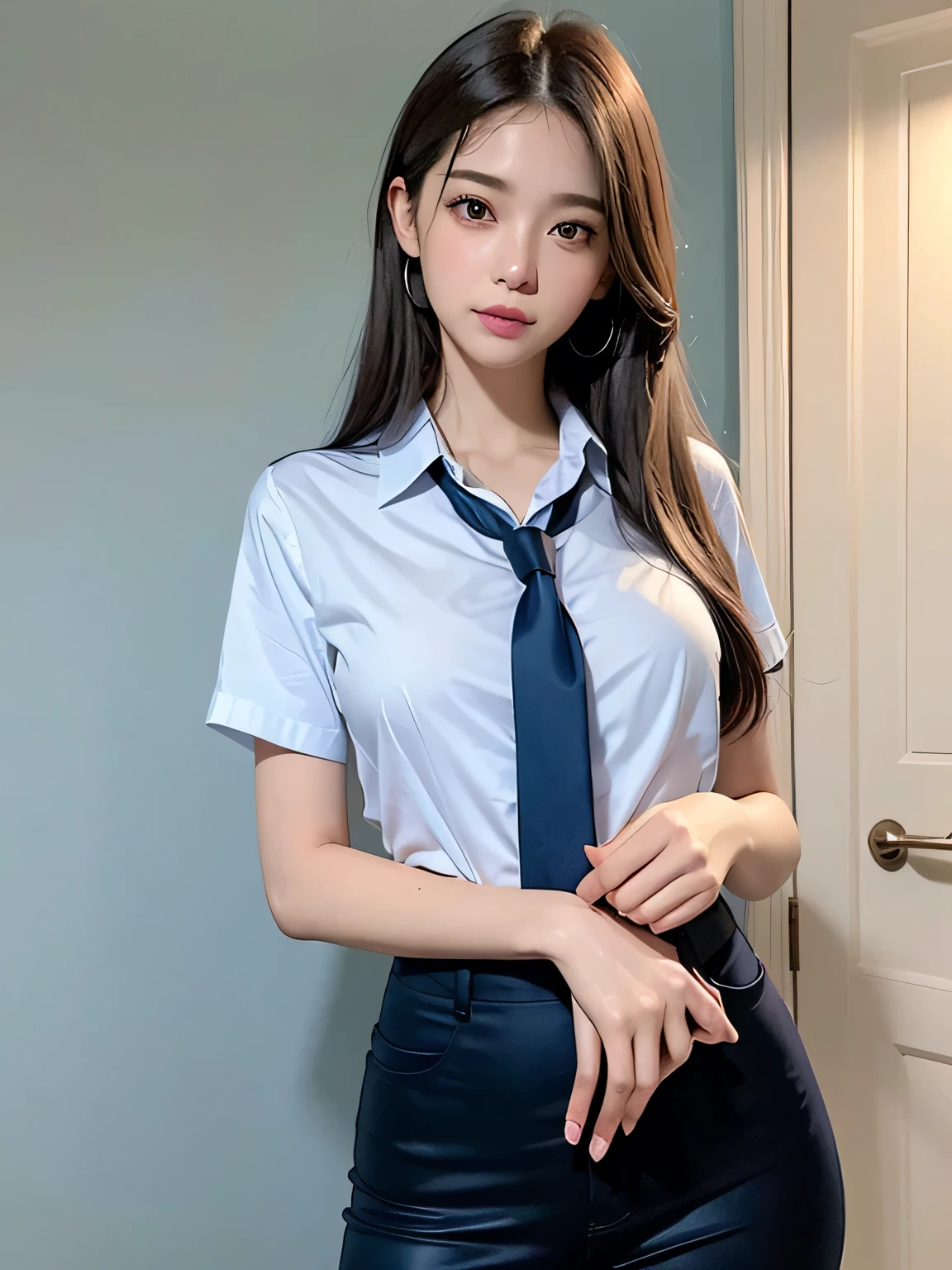 (masterpiece, Highest quality), ((Two people)),Realistic photos, Instagram, Bright colors, High Dynamic Contrast, Slender figure、thin、Small, shapely breasts、Gray Hair, Purple eyes, Lips parted, blush, compensate, A light smile, Red tie、White shirt、Navy blue exy、Sweat, Wet, light, Shine,  Tight waist, (masterpiece), Light blue wall