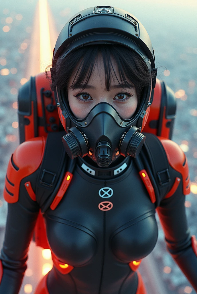 NFSW, photo-realistic, ultra-realistic, very beautiful Japanese, famous Japanese idol, 25 years old, Mixture of Japanese and Russian, latex BDSM, Vulgar, dramatic scene, masterpiece, beautiful eyes, (extremely intricated with extremely complex futuristic cyber punk mecha armored black latex full-face gas mask:1.5), (wearing extremely intricated with complex multi-layered cyber punk mecha armored tight fitting bodysuits with neon sign:1.3), (She uses the rocket engine on her back to flying high speed in the sky:1.5), amazing view from sky, (surprising expressions, crying), acrobatic pose, dynamic angle