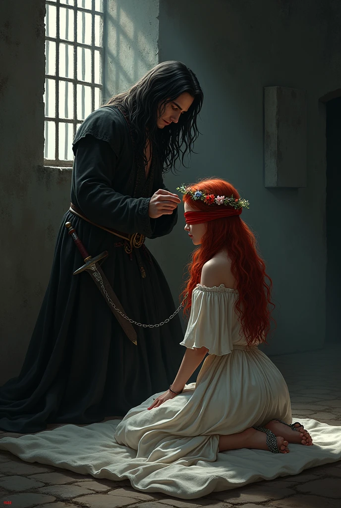 Cadre : un cachot sombre avec des barreaux a une fenetre.
Fille: Elle a les cheveux long rouges et ondulés avec une couronne de fleurs elle est a genoux sur un matelas au sol effrayé avec une chaine qui est autour de sa cheville et les yeux bandees avec un bandeau en soie rouge pour pas qu'elle ne s enfuie elle a une robe blanche
Homme : il a les cheveux noir et long il remet une meche de cheveux derriere l oreille de la jeune femme d un air rassurant mais ferme il avait du desir pour elle il est Italien . Il etait habillée comme un seigneur du Moyen Age et dans sa ceinture il a une épée