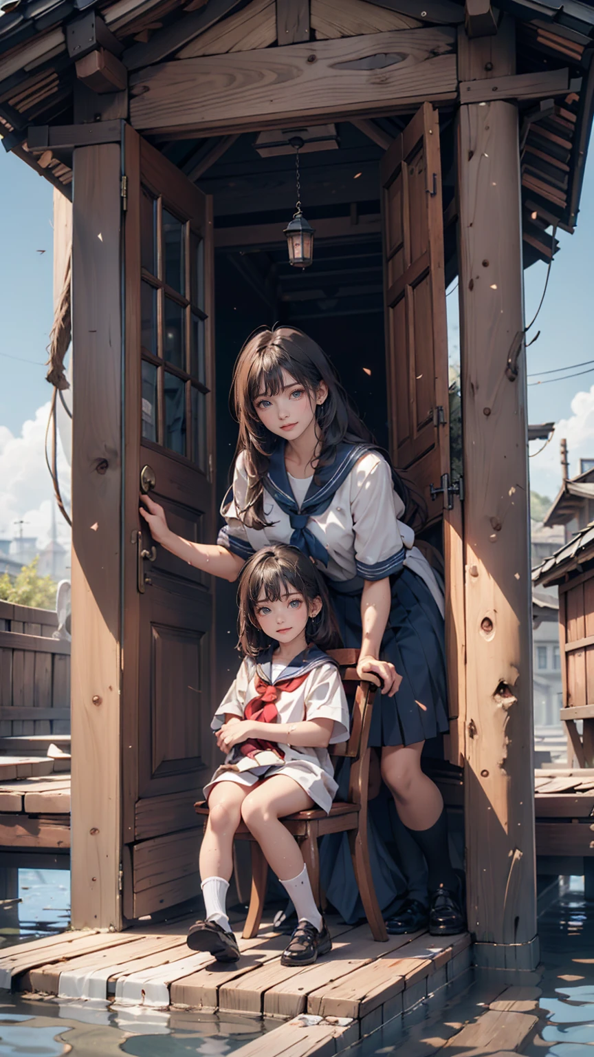 19-year-old female、Sailor suit、Xin Haicheng、Sparrow door lock、Old wooden door in ruins、Waterlogged、blue sky、Have a small chair for your child
