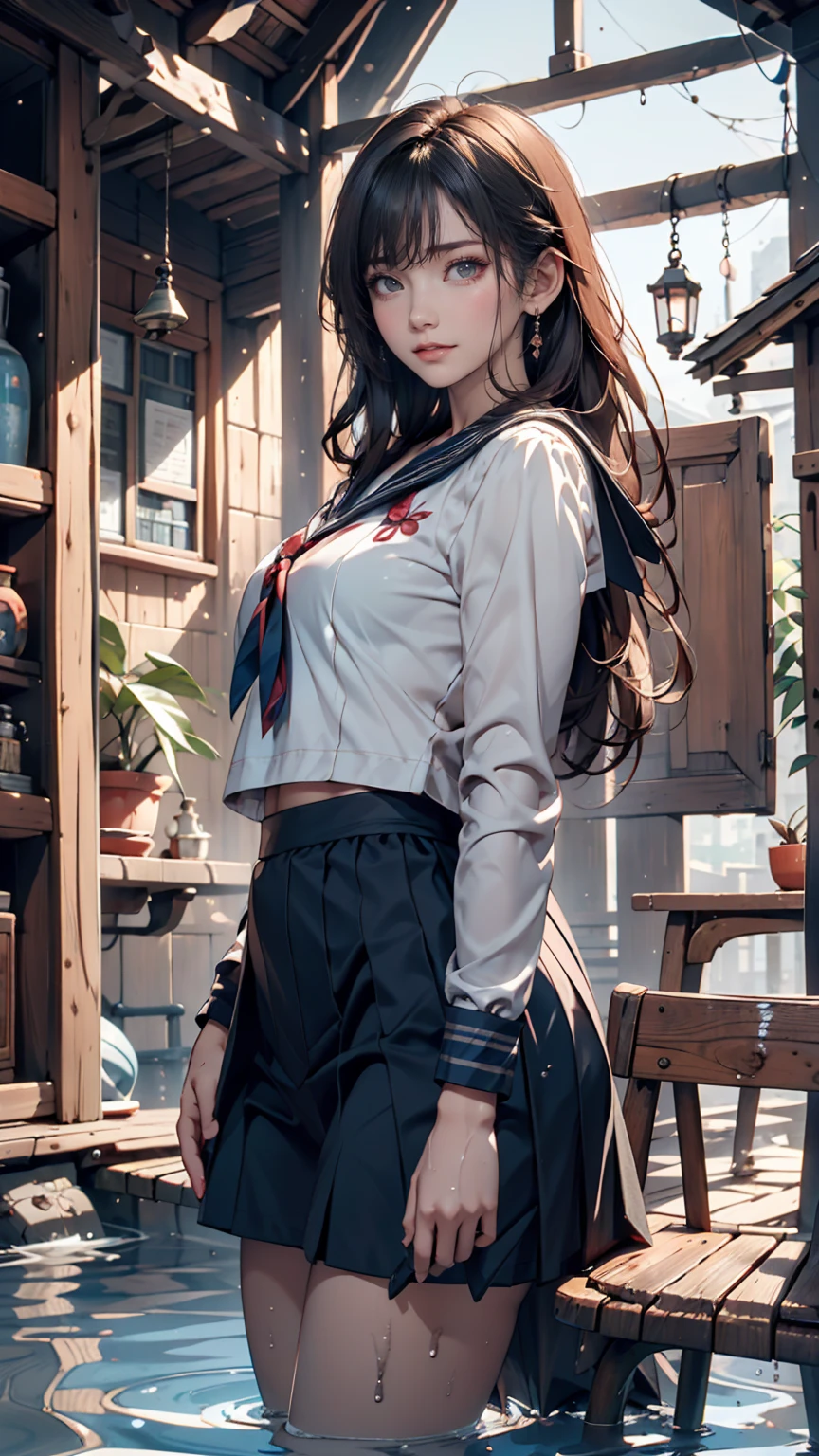 19-year-old female、Sailor suit、Xin Haicheng、Sparrow door lock、Old wooden door in ruins、Waterlogged、blue sky、Have a small chair for your child