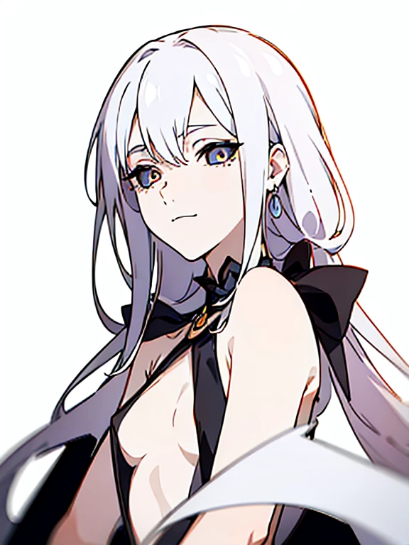 ((((masterpiece, Best Quality, Ultra-high resolution, Best illustrations)))), ((Portrait of a person standing against a white background)), (Very delicate and cute face, Sparkling Eyes), (((black sclera, small white iris))), A beautiful lady named "Sinza" in black is standing diagonally to the left alone., white long hair, big breasts, Her eyes are small white iris and black sclera., She wear deep v black dress., full body portrait, evil smile,