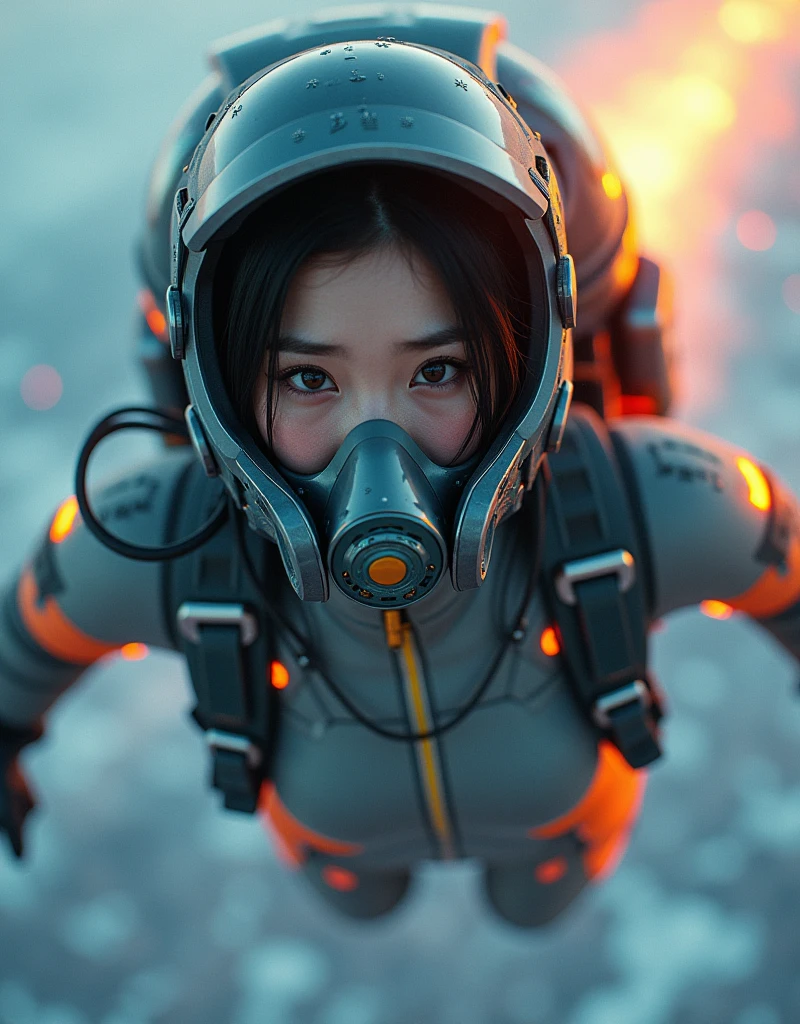 NFSW, photo-realistic, ultra-realistic, very beautiful Japanese, famous Japanese idol, 25 years old, Mixture of Japanese and Russian, latex BDSM, Vulgar, dramatic scene, masterpiece, beautiful eyes, (extremely intricated with extremely complex futuristic cyber punk mecha armored black latex full-face gas mask:1.5), (wearing extremely intricated with complex multi-layered cyber punk mecha armored tight fitting bodysuits with neon sign:1.3), (She uses the rocket engine on her back to flying high speed in the sky:1.5), amazing view from sky, (surprising expressions, crying), acrobatic pose, dynamic angle