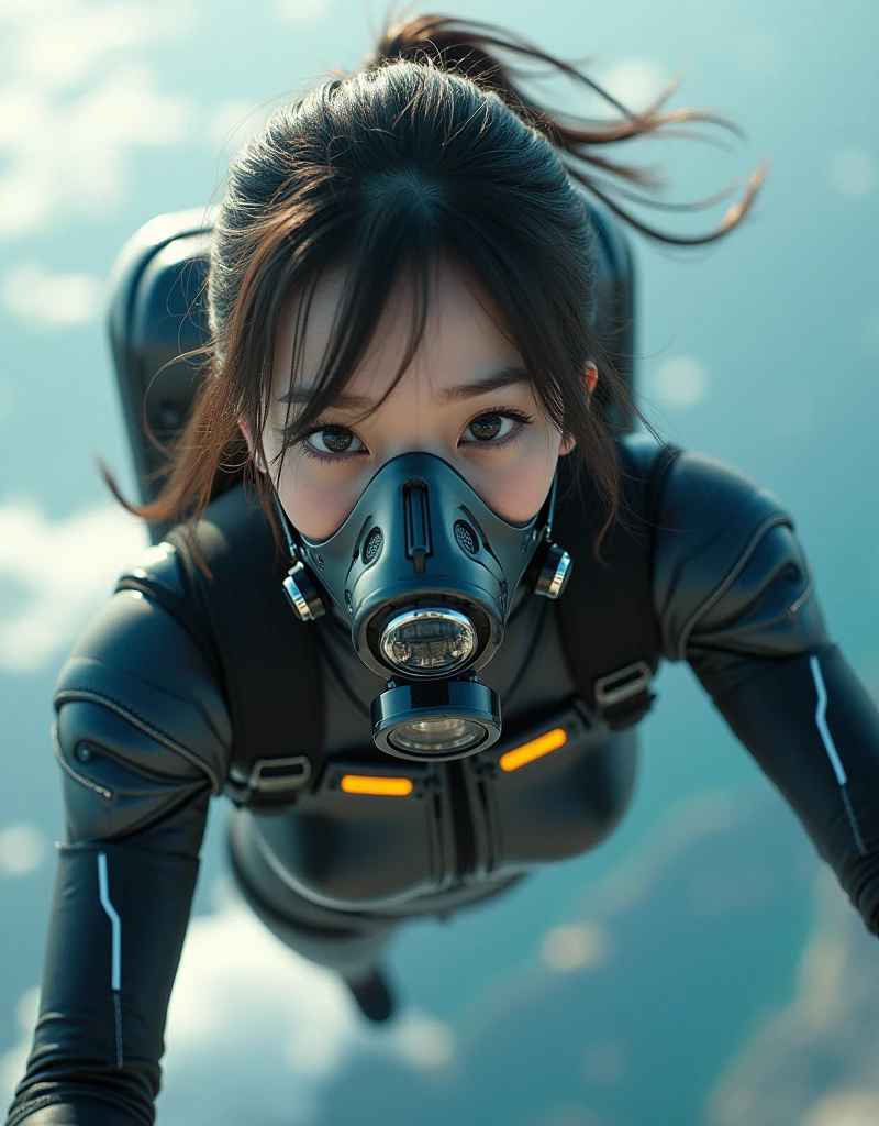 NFSW, photo-realistic, ultra-realistic, very beautiful Japanese, famous Japanese idol, 25 years old, Mixture of Japanese and Russian, latex BDSM, Vulgar, dramatic scene, masterpiece, beautiful eyes, (extremely intricated with extremely complex futuristic cyber punk mecha armored black latex full-face gas mask:1.5), (wearing extremely intricated with complex multi-layered cyber punk mecha armored tight fitting bodysuits with neon sign:1.3), (She uses the rocket engine on her back to flying high speed in the sky:1.5), amazing view from sky, (surprising expressions, crying), acrobatic pose, dynamic angle