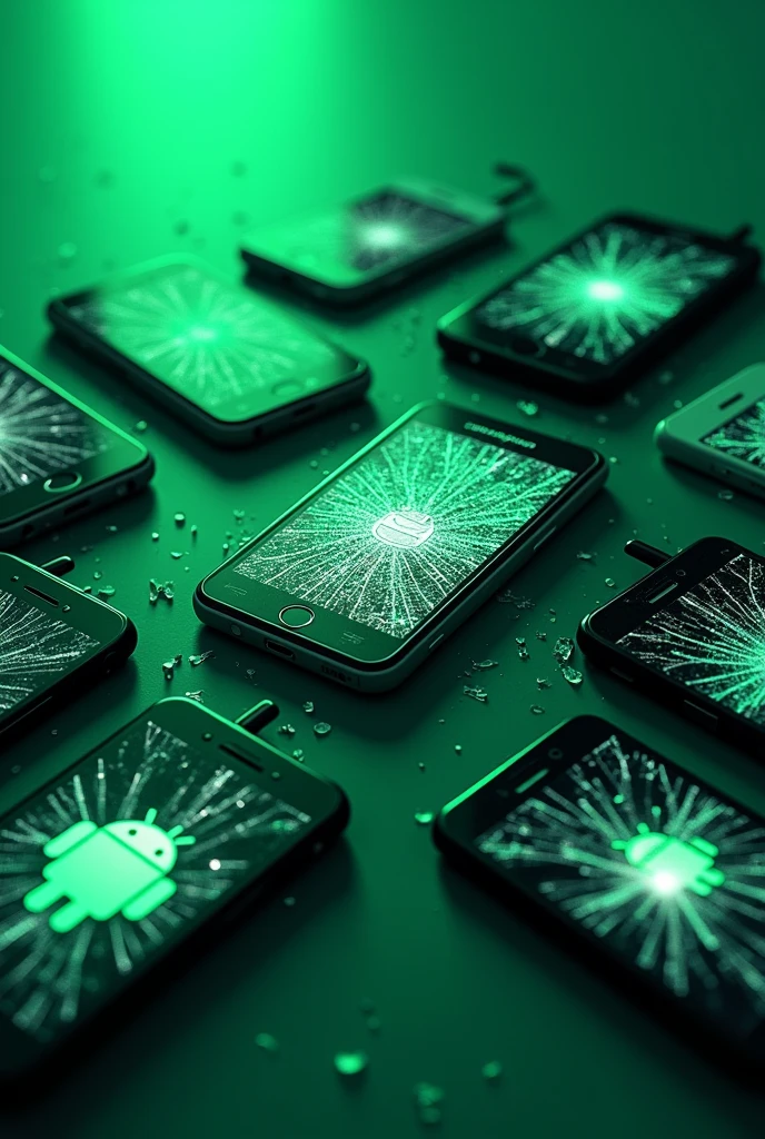 Phosphorescent green background image combined with other colors, In the center there are Android cell phones with broken screens or blocked ones of various commercial models and on the sides there are different brands of current cell phones.