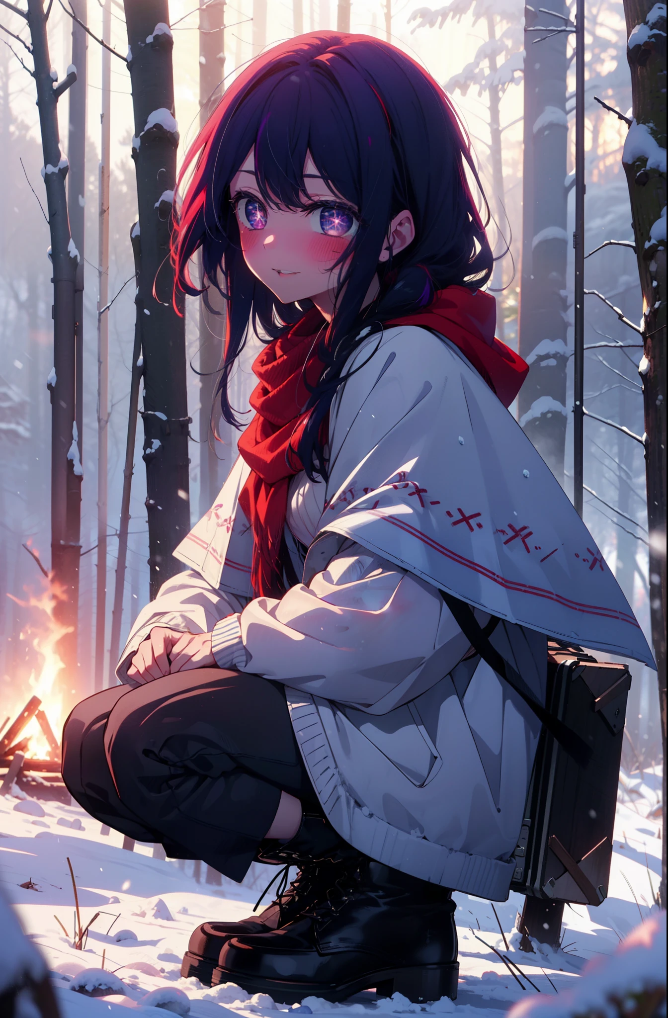 aihoshino, Ai Hoshino, Long Hair, bangs, (Purple eyes:1.1), Purple Hair, (Symbol-shaped pupil:1.5), smile,,smile,blush,white breath,
Open your mouth,snow,Ground bonfire, Outdoor, boots, snowing, From the side, wood, suitcase, Cape, Blurred, , forest, White handbag, nature,  Squat, Mouth closed, Cape, winter, Written boundary depth, Black shoes, red Cape break looking at viewer, Upper Body, whole body, break Outdoor, forest, nature, break (masterpiece:1.2), Highest quality, High resolution, unity 8k wallpaper, (shape:0.8), (Beautiful and beautiful eyes:1.6), Highly detailed face, Perfect lighting, Highly detailed CG, (Perfect hands, Perfect Anatomy),