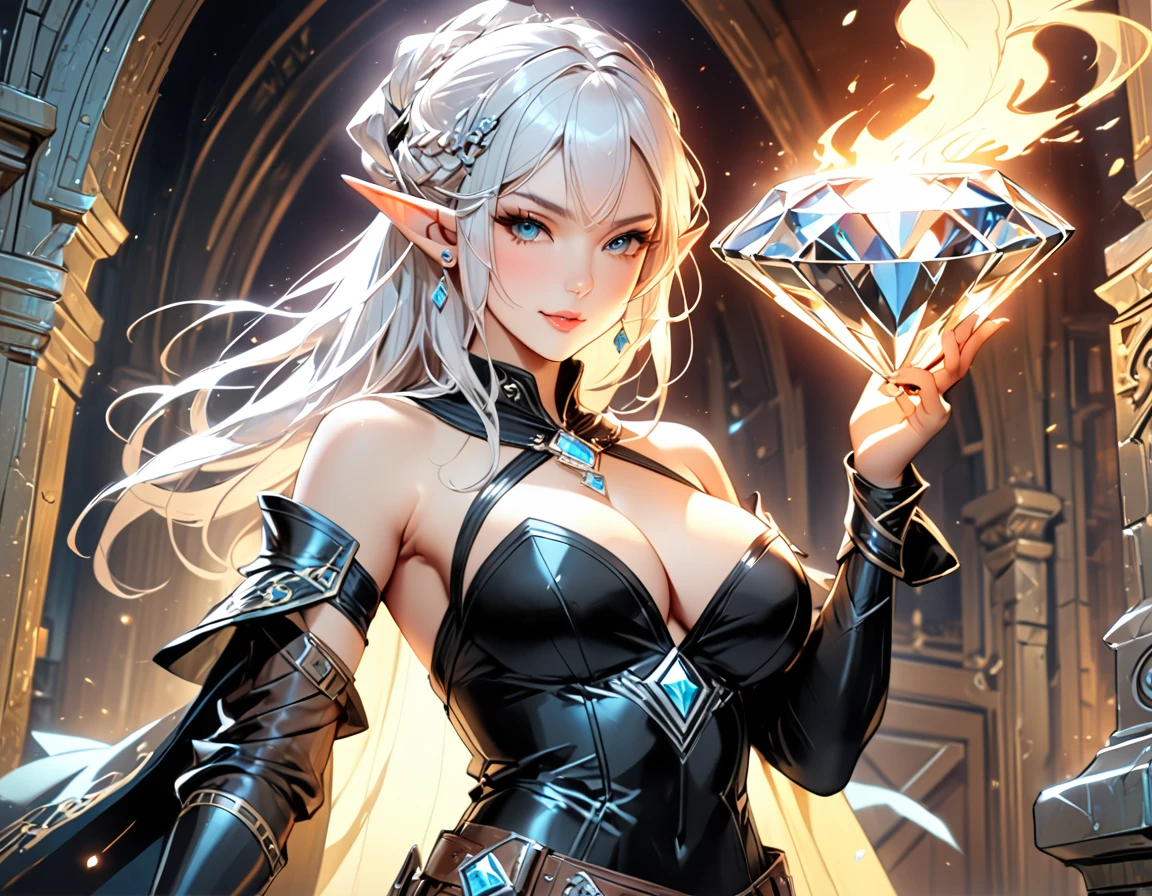 a picture of an elf thief holding an epic diamond in a vault, a female elf thief, full body, small pointy ears, dynamic hair color, dynamic hair style, pale skin, ultra detailed face, wearing black leather leotard, busty, small cleavage, high heel boots, she is happy for reaching her goal, success,  holding an epic sized (diamond: 1.3), brilliant diamond, many facets, diamond, fantasy safe vault background, torchlight,  vibrant, Ultra-high resolution, High Contrast, (masterpiece:1.5), highest quality, Best aesthetics), best details, best quality, highres, 16k, [ultra detailed], masterpiece, best quality, (extremely detailed) RAW, (ultra details, Masterpiece, best quality), diamondWM