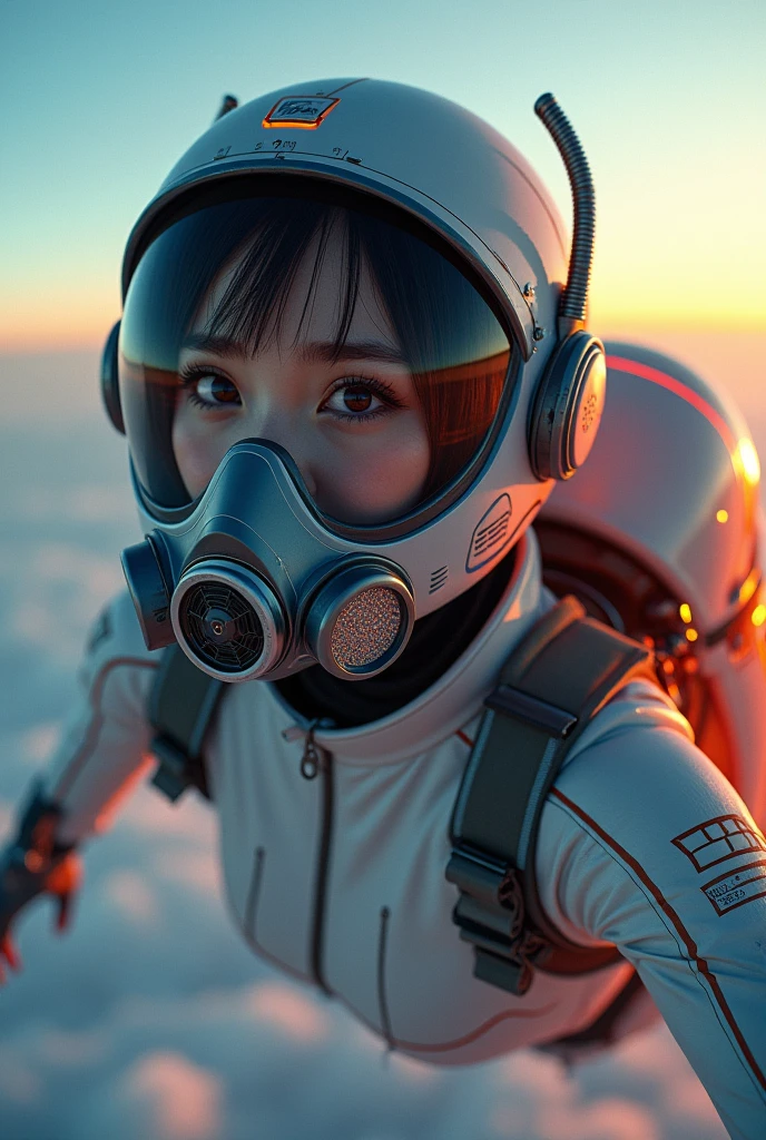 NFSW, photo-realistic, ultra-realistic, very beautiful Japanese, famous Japanese idol, 25 years old, Mixture of Japanese and Russian, latex BDSM, Vulgar, dramatic scene, masterpiece, beautiful eyes, (extremely intricated with extremely complex futuristic cyber punk mecha armored black latex full-face gas mask:1.5), (wearing extremely intricated with complex multi-layered cyber punk mecha armored tight fitting bodysuits with neon sign:1.3), (She uses the rocket engine on her back to flying high speed in the sky:1.5), amazing view from sky, (surprising expressions, crying), acrobatic pose, dynamic angle