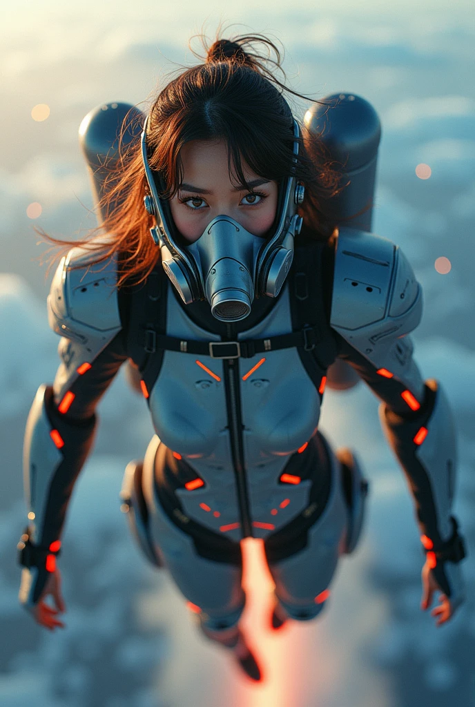 NFSW, photo-realistic, ultra-realistic, very beautiful Japanese, famous Japanese idol, 25 years old, Mixture of Japanese and Russian, latex BDSM, Vulgar, dramatic scene, masterpiece, beautiful eyes, (extremely intricated with extremely complex futuristic cyber punk mecha armored black latex full-face gas mask:1.5), (wearing extremely intricated with complex multi-layered cyber punk mecha armored tight fitting bodysuits with neon sign:1.3), (She uses the rocket engine on her back to flying high speed in the sky:1.5), amazing view from sky, (surprising expressions, crying), acrobatic pose, dynamic angle