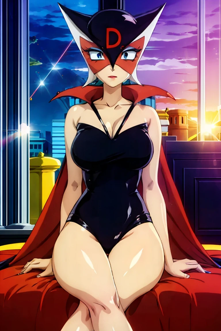 (masterpiece:1.3),(highest quality:1.4),(Super detailed:1.5),8k,High resolution,(an extremely delicate and beautiful:1.8),Official Art,Perfect Anatomy,(90s anime,90s anime style,Cel-shaded anime:1.17),(anime screencap,anime coloring:1.25),((Doronjo:1.52)),Perfect Face, (Accurate hand and finger depiction), (Doronjo Mask), ((Black see-through leotard costume)), ((A large red D is engraved on the front of the mask)), ((Her eyes are covered with a red see-through veil.)), (Blonde Long Hair), Beautifully long red nails, deep red lipstick, sneer, (Voluptuous body), (Large Breasts:1.2)、(Cleavage), Narrow waist, BIG ASS, Alluring, glamorous, (Front view), full body, Skull ornament,
, (shining eyes),highly detailed eyes, highly detailed eyes, focus of the eye,(Expertly crafted shine,sky blue lens flare:1.7),(blue glowing eyes:1.17),(Raging Eyes:1.24),(expression of joy:1.5), Color Theme Red,octane rendering, nffsw,rainbow paint drop,Paint Teardrop, woman made up of paint, full painting, (movie background),splat, splash, indoors,Dark and blurry background,floating in the sky,close,dynamic angle,sunset,Night parking lot, (best lighting,very delicate and beautiful),Detailed beautiful shine, (soft light:1.2),(Soft lighting in gold tones),,Warm and soft lighting,dramatic light,((cinematic light)), (Movie masterpiece),(cinematic headlights),ambient occlusion,ambient light,Violently,powerful,Absolutely eye-catching splashes of color,((caustic)),raytraced reflections,light shines,waiting for happiness to begin,
she is in golden palace with marble pillar. she sits on golden throne, crossed legs, wide shot,