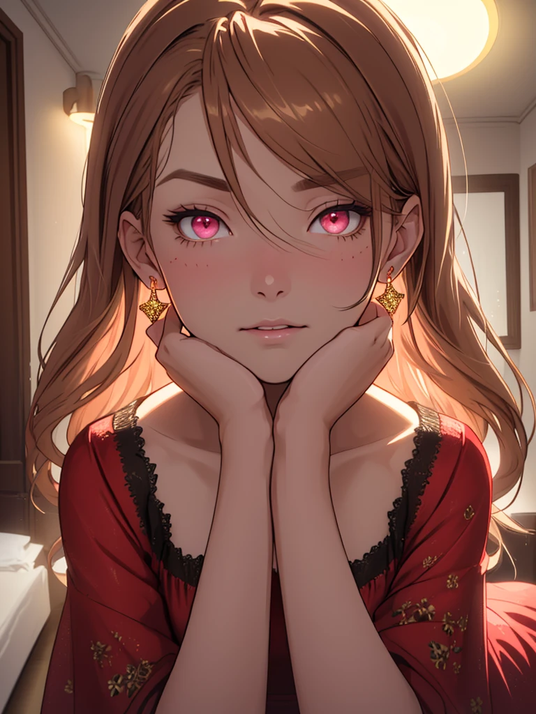 (Best Quality:1.5, Highres, UHD, 8K, Detailed Lighting, Shaders), Brown long Straight Hair, Flower on-ear, Red dress, (POV), Hands on cheek, Room Background, Colorful Eyeshadow, Dramatic Lighting, Sparkling Pink Eyes, Confident Expression, Golden Earrings, Brown straight Hair, Delicate Facial Features, Soft Skin, High Cheekbones, Stylish Clothing, Room Setting, medium face portrait, Sharp Focus, Best lighting effects
