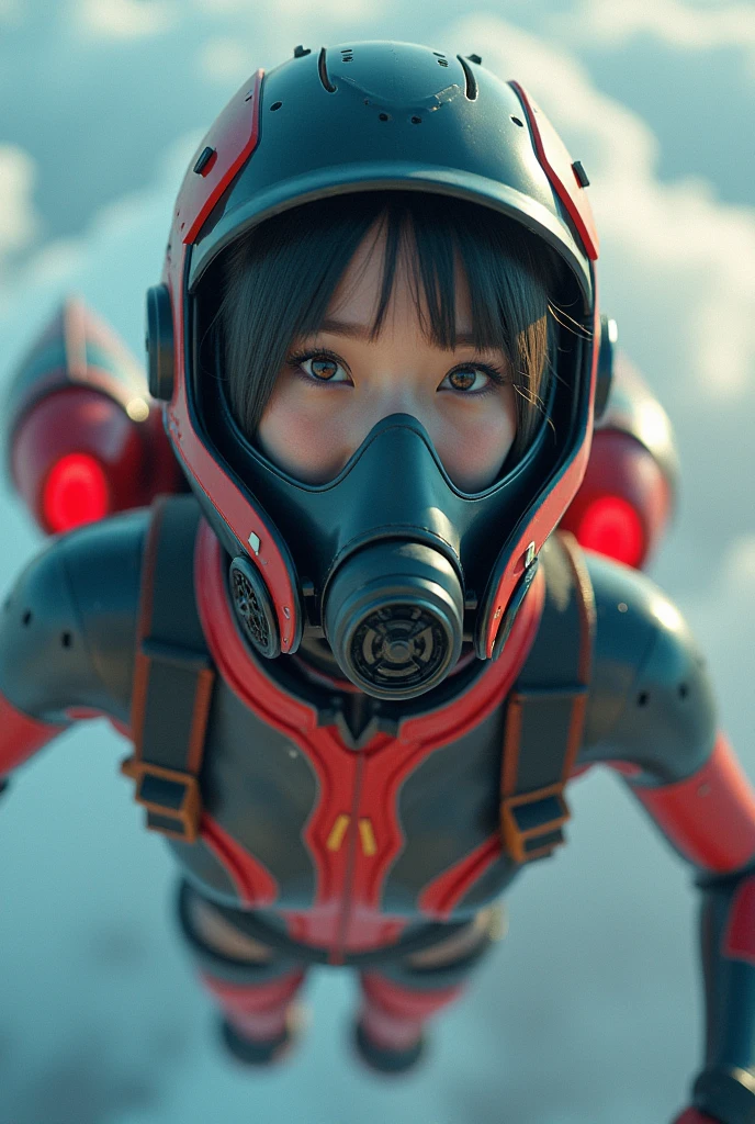 NFSW, photo-realistic, ultra-realistic, very beautiful Japanese, famous Japanese idol, 25 years old, Mixture of Japanese and Russian, latex BDSM, Vulgar, dramatic scene, masterpiece, beautiful eyes, (extremely intricated with extremely complex futuristic cyber punk mecha armored black latex full-face gas mask:1.5), (wearing extremely intricated with complex multi-layered cyber punk mecha armored tight fitting bodysuits with neon sign:1.3), (She uses the rocket engine on her back to flying high speed in the sky:1.5), amazing view from sky, (surprising expressions, crying), acrobatic pose, dynamic angle