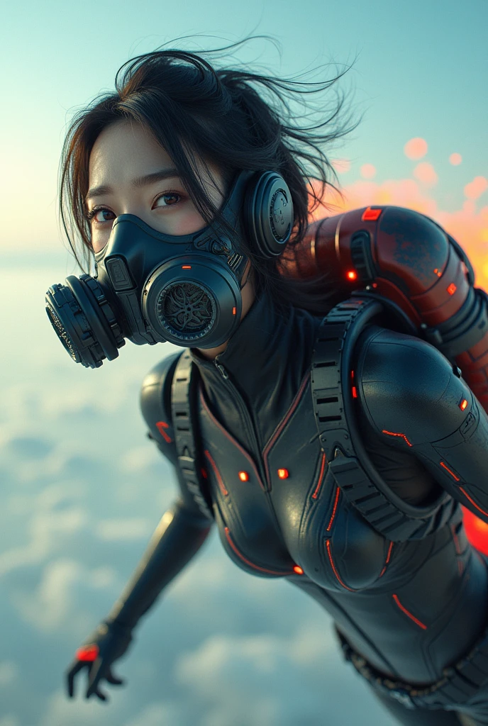 NFSW, photo-realistic, ultra-realistic, very beautiful Japanese, famous Japanese idol, 25 years old, Mixture of Japanese and Russian, latex BDSM, Vulgar, dramatic scene, masterpiece, beautiful eyes, (extremely intricated with extremely complex futuristic cyber punk mecha armored black latex full-face gas mask:1.5), (wearing extremely intricated with complex multi-layered cyber punk mecha armored tight fitting bodysuits with neon sign:1.3), (She uses the rocket engine on her back to flying high speed in the sky:1.5), amazing view from sky, (surprising expressions, crying), acrobatic pose, dynamic angle