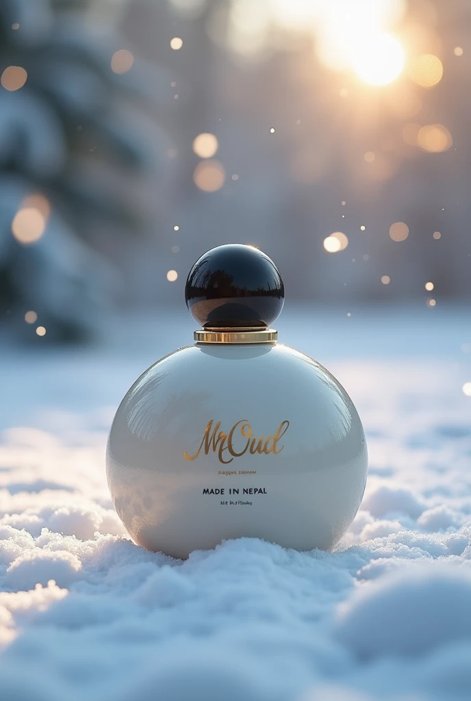 Create a purfume bottle of 50ml rounds spherical shape brand name as mr oud write at the top and also write the made in Nepal at the bottom with the background of snow dew