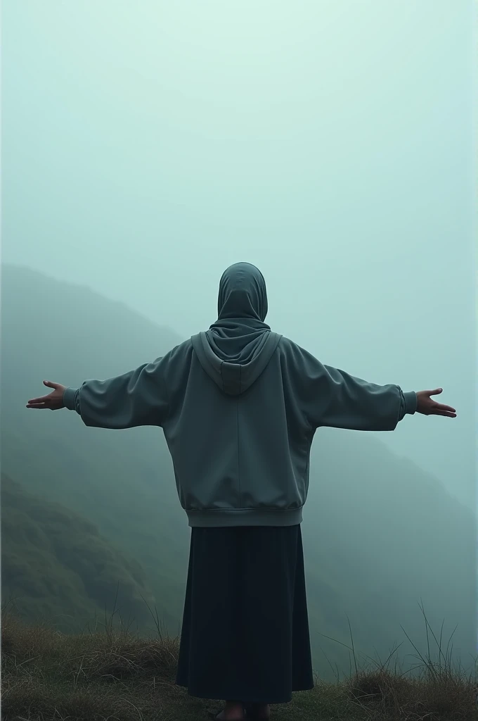 A woman stood with her arms outstretched facing the hill covered in cold fog. The woman was wearing a hijab and a hooded sweatshirt.