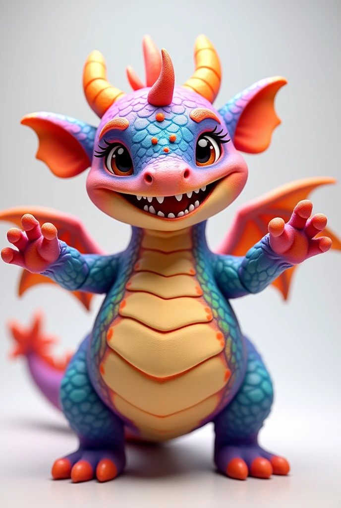dragon、child、Chubby、Rainbow colors、T-pose、With hands outstretched、Three-dimensional、Realistic、Draw a front-facing illustration