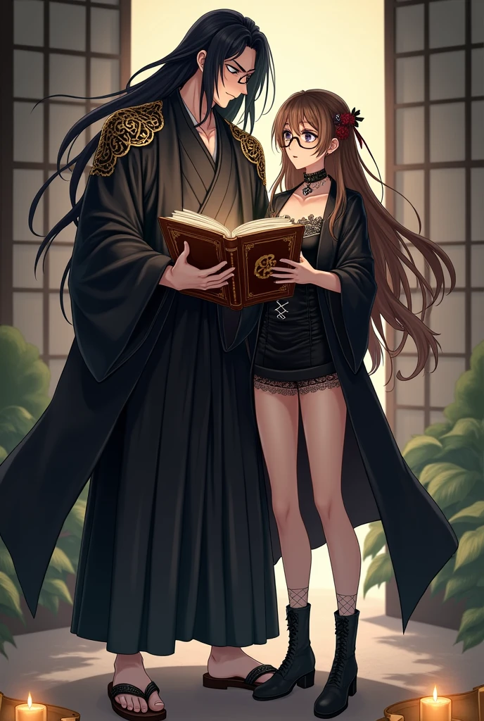 Caucasian female, アニメ, long hair with bangs and brown, eyes black, round eyeglasses, espartilho preto, black skirt and black coat, wearing black boots and fishnet stockings, holding magic book with a tall man, アニメ, white long black hair, eyes black orientais, wearing a Japanese kimono and sandals with socks, realisitic, アニメ 