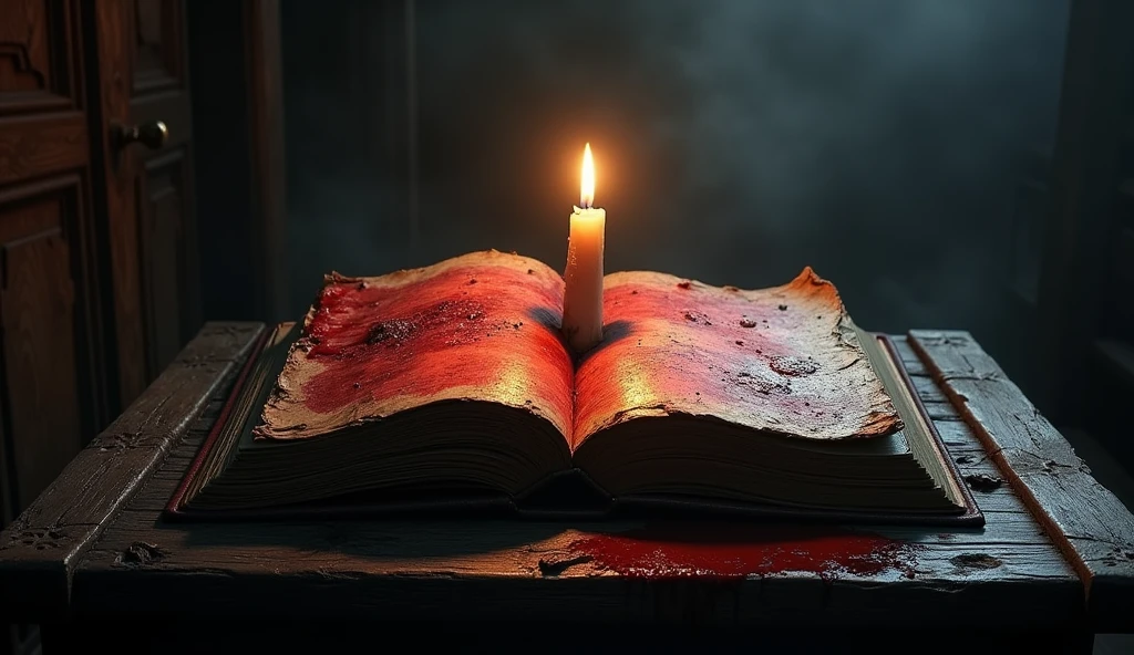 an old book with red writing, blood stained pages and torn pages, There is a small candle on top of the pages. The book is open on a dark wooden table, the place is poorly lit