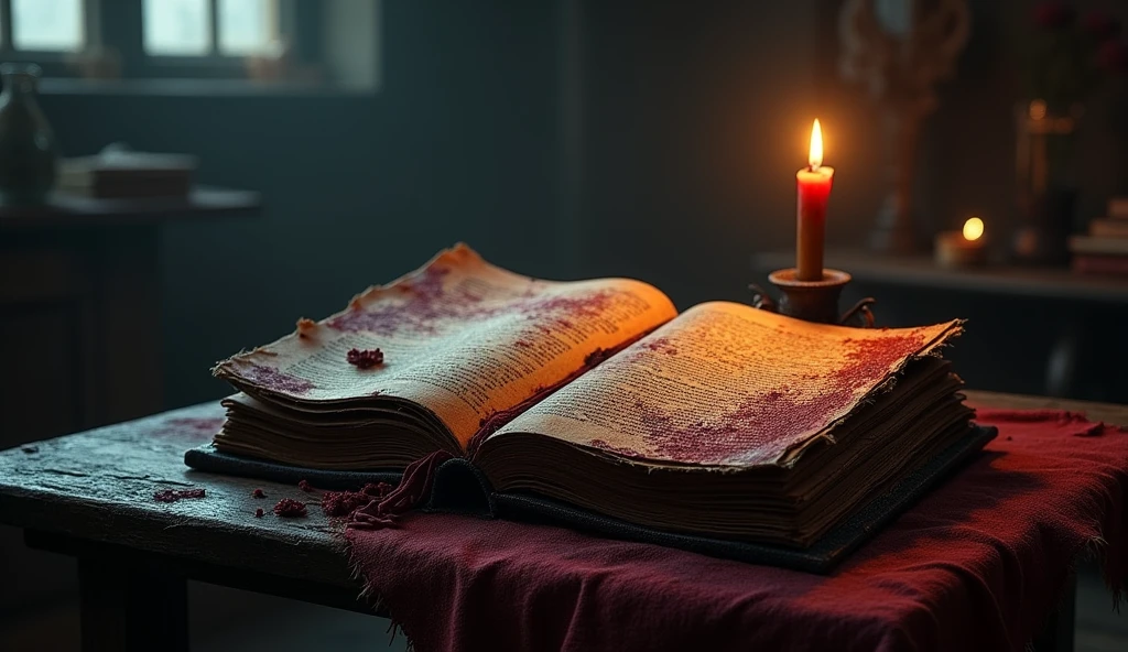 an old book with red writing, blood stained pages and torn pages, There is a small candle on top of the pages. The book is open on a dark wooden table, the place is poorly lit