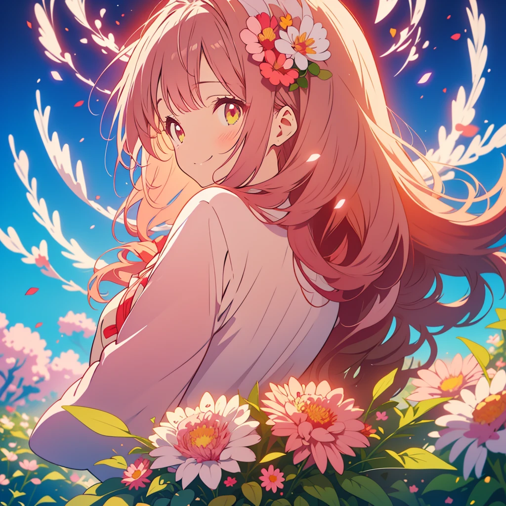 kawaii, anime, Cute, hyper quality, highly detailed, 8k, Clarity, Draw facial expressions in detail, Girl with long dark brown hair and green eyes, red aster flower, red and white aster flowers, whole body, love, smile, A young smiling girl with pale pink scarlet eyes., peek from behind, good mood, with light pink hair,