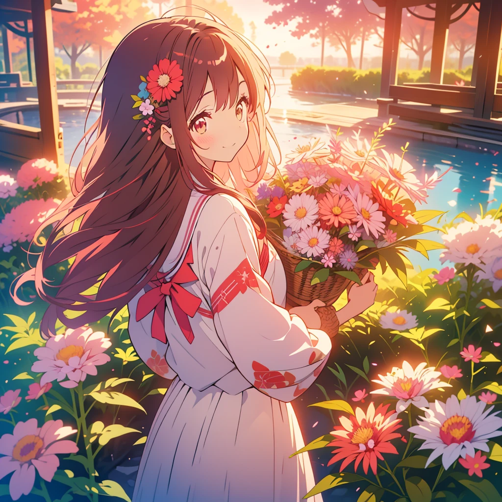 kawaii, anime, Cute, hyper quality, highly detailed, 8k, Clarity, Draw facial expressions in detail, Girl with long dark brown hair and green eyes, red aster flower, red and white aster flowers, whole body, love, smile, A young smiling girl with pale pink scarlet eyes., peek from behind, good mood,  with light pink hair, 