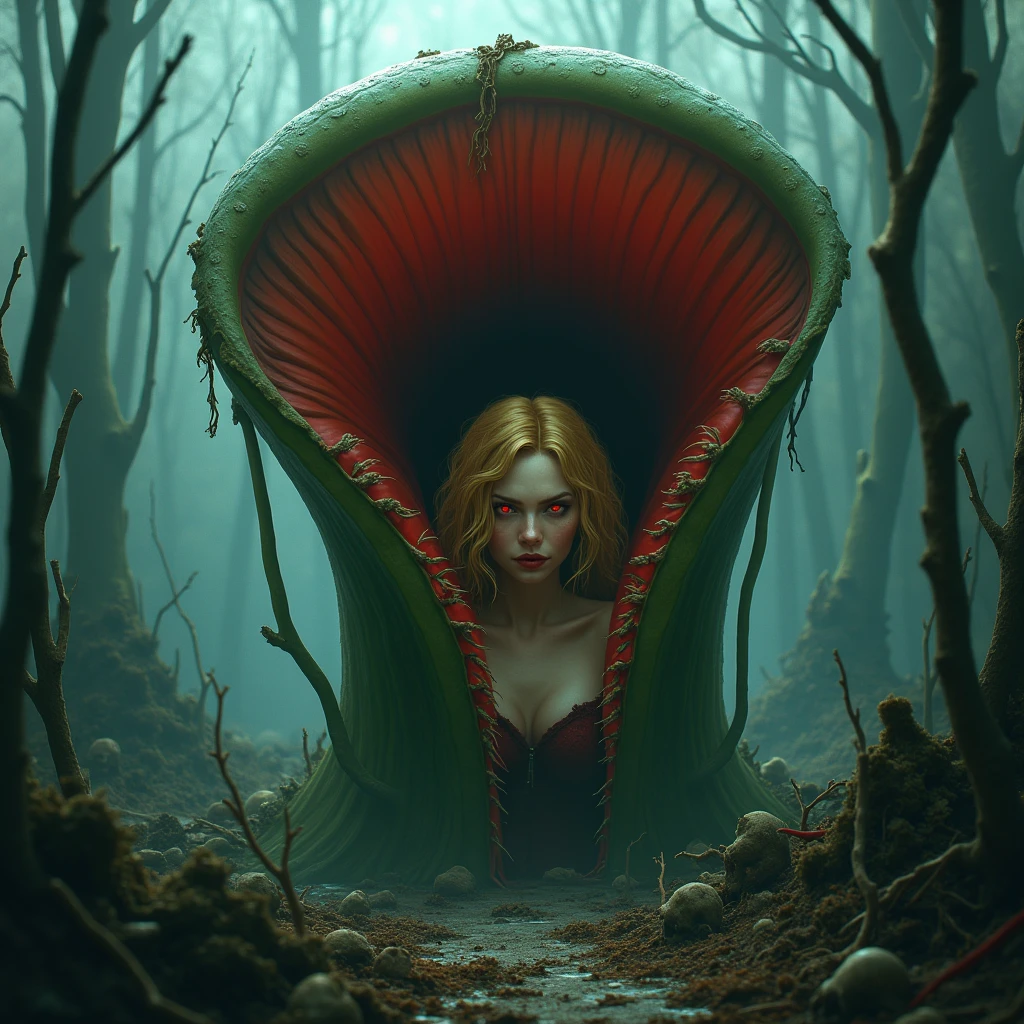 In a foreboding swamp island, a massive, vibrant pitcher plant looms, its mouth agape as if devouring the very sky. Amidst the eerie silence, a ravishing femme fatale emerges from the plant's depths, her honey-blonde locks and piercing red eyes captivating the viewer. She gazes directly, a wicked smile spreading across her dark-lipped face as she extends both hands in a sinister invitation. The atmosphere is heavy with anticipation, the air thick with the scent of decay, as if the very bones that litter the island are whispering sweet nothings to entice you closer.