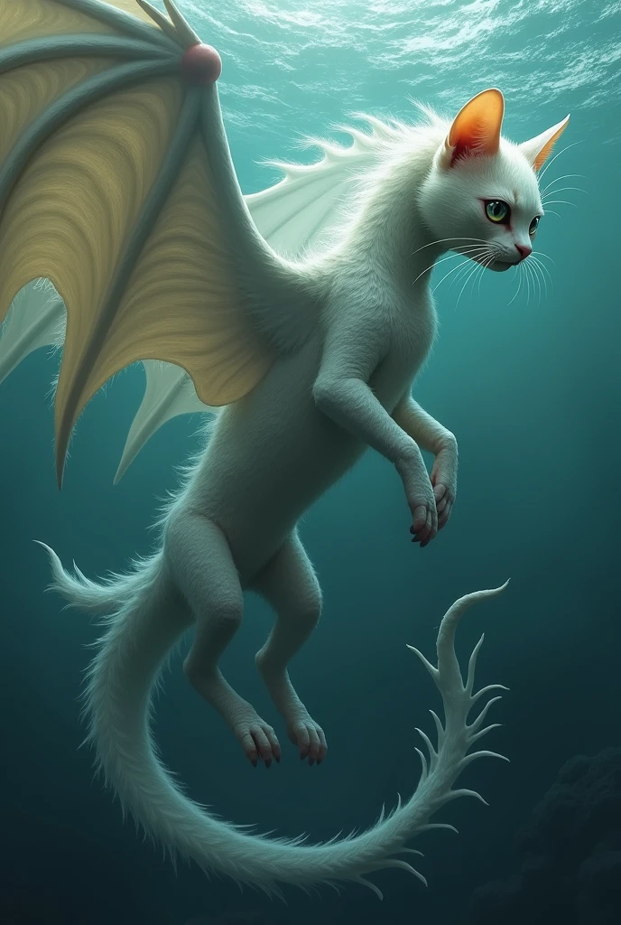 The cat turned into a pale sea monster with wings on its back that looked like a gozzilar.