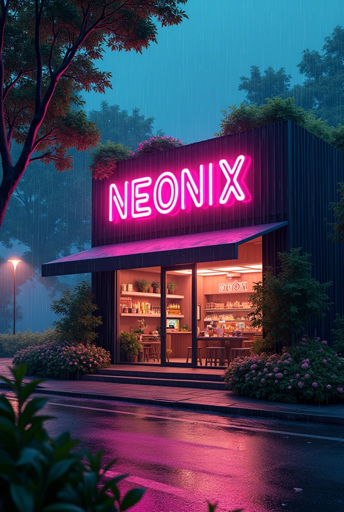 Make a aesthetic, morden,futurstic and animation .There will be a shop in street and in the besides of the shop there will be a lot of trees and flowers with night and rain . The shop name is Neonix.Please try to make it PC size