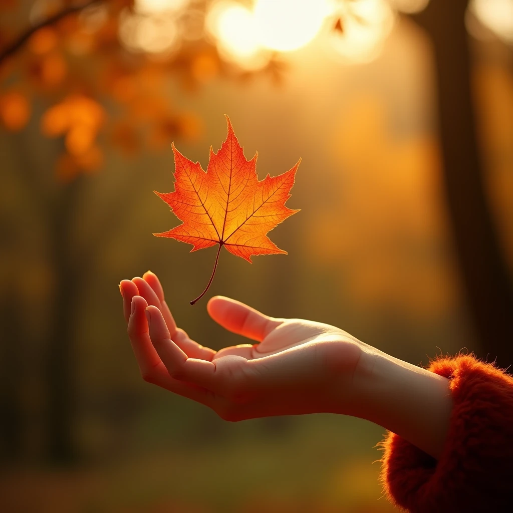 generate a master photograph describing a close-up of a hand reaching out to catch the first autumn leaf falling from a tree. The background is blurred, with warm golden tones dominating the scene. The leaf is vibrant orange-red, symbolizing the arrival of fall. The hand, delicate and feminine, is slightly outstretched as if gently catching the leaf mid-air, (8K, best quality), shot on Fujifilm superia, (Studio soft light, high detail, cinematic lighting, rim lighting), Style: (hyperrealistic, by DynastySeries FashionNova, photo, {{{masterpiece photography}}}, analog photograph, professional fashion photoshoot, trending on artstation, synthwave, krrrsty), Quality: (photographed, masterpiece, highest resolution), Definition: (highres, sharp focus, 8k uhd, ultra photo-realistic resolution), Film: (80 mm, shot on portra 120, shot on Fujifilm), Resolution: (extremely detailed, (sharp focus:1.5), cinematic lighting, dramatic lighting, ultra photo-realistic), luxury: