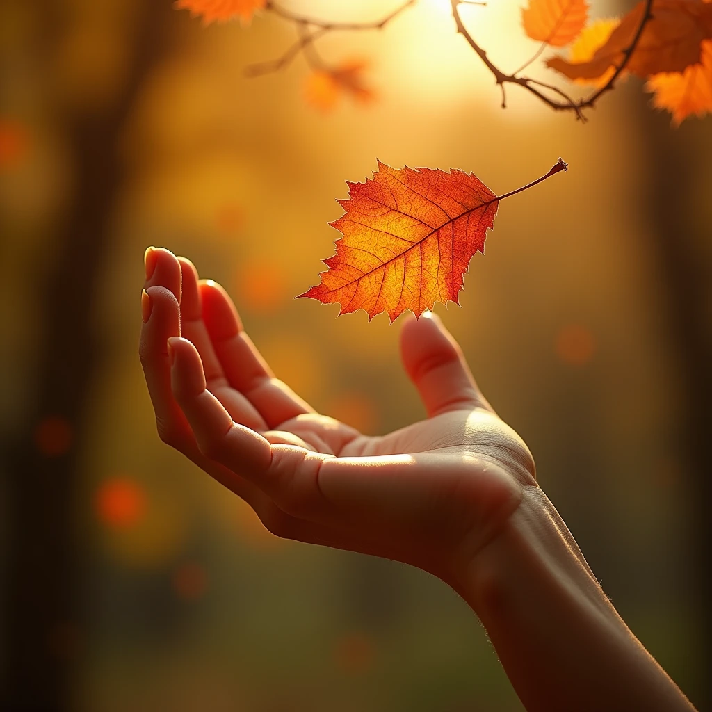 generate a master photograph describing a close-up of a hand reaching out to catch the first autumn leaf falling from a tree. The background is blurred, with warm golden tones dominating the scene. The leaf is vibrant orange-red, symbolizing the arrival of fall. The hand, delicate and feminine, is slightly outstretched as if gently catching the leaf mid-air, (8K, best quality), shot on Fujifilm superia, (Studio soft light, high detail, cinematic lighting, rim lighting), Style: (hyperrealistic, by DynastySeries FashionNova, photo, {{{masterpiece photography}}}, analog photograph, professional fashion photoshoot, trending on artstation, synthwave, krrrsty), Quality: (photographed, masterpiece, highest resolution), Definition: (highres, sharp focus, 8k uhd, ultra photo-realistic resolution), Film: (80 mm, shot on portra 120, shot on Fujifilm), Resolution: (extremely detailed, (sharp focus:1.5), cinematic lighting, dramatic lighting, ultra photo-realistic), luxury:     