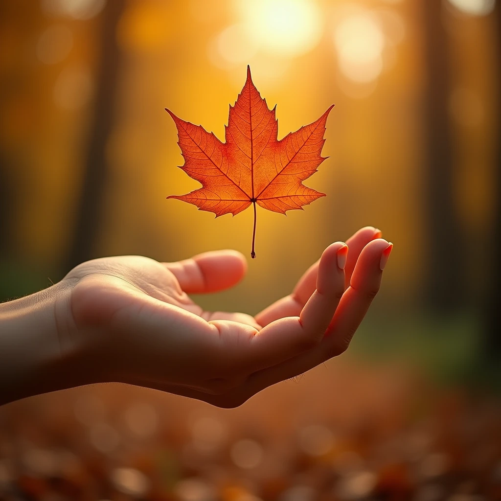 generate a master photograph describing a close-up of a hand reaching out to catch the first autumn leaf falling from a tree. The background is blurred, with warm golden tones dominating the scene. The leaf is vibrant orange-red, symbolizing the arrival of fall. The hand, delicate and feminine, is slightly outstretched as if gently catching the leaf mid-air, (8K, best quality), shot on Fujifilm superia, (Studio soft light, high detail, cinematic lighting, rim lighting), Style: (hyperrealistic, by DynastySeries FashionNova, photo, {{{masterpiece photography}}}, analog photograph, professional fashion photoshoot, trending on artstation, synthwave, krrrsty), Quality: (photographed, masterpiece, highest resolution), Definition: (highres, sharp focus, 8k uhd, ultra photo-realistic resolution), Film: (80 mm, shot on portra 120, shot on Fujifilm), Resolution: (extremely detailed, (sharp focus:1.5), cinematic lighting, dramatic lighting, ultra photo-realistic), luxury:
