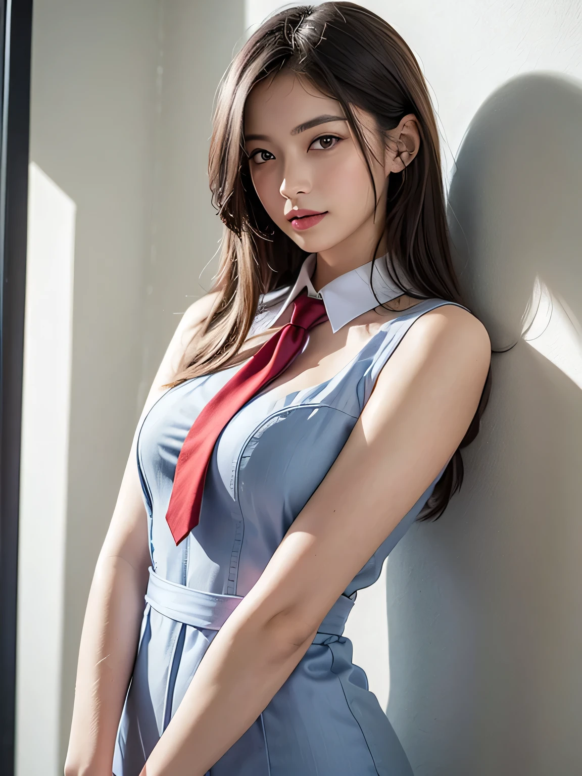 (masterpiece, Highest quality), ((Two people)),Realistic photos, Instagram, Bright colors, High Dynamic Contrast, Slender figure、thin、Small, shapely breasts、Gray Hair, Purple eyes, Lips parted, blush, compensate, A light smile, Red tie、White shirt、Navy blue exy、Sweat, Wet, light, Shine,  Tight waist, (masterpiece), Light blue wall