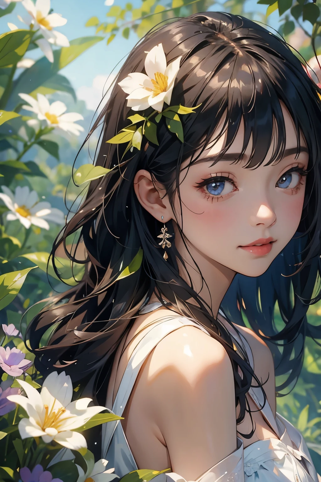 Very beautiful girl、(A smile that makes everyone around you happy)、(Surrounded by lots of flowers)、Beautiful Skin、Glowing Skin, bright, Refreshing and gentle look, Perfect beautiful face、Beautiful shiny bangs, Small breasts,Lace dress,See through,Transparent beautiful stained glass background,