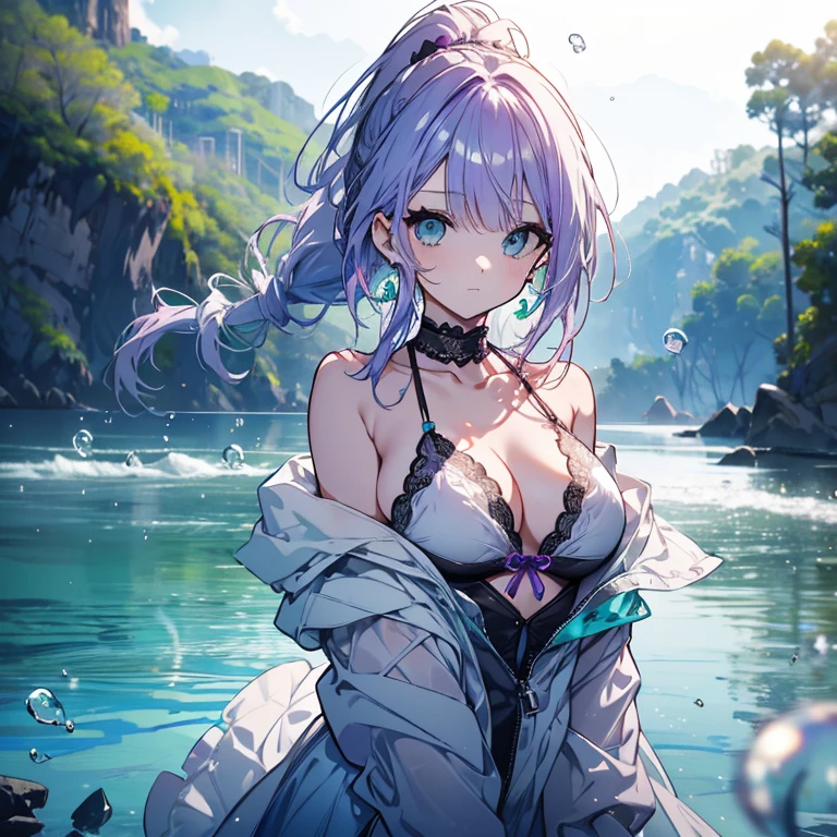 1 person、Mature、Ample breasts、Purple Hair、ponytail、Braid、Emerald green eyes、White skin、Lace fabric、bikini、Shoulder Bare、Miniskirt、accessories、choker、Earrings、Braided、In the water、Natural light、Bubble、Fleeting、In the blue sea、High resolution、Highest quality