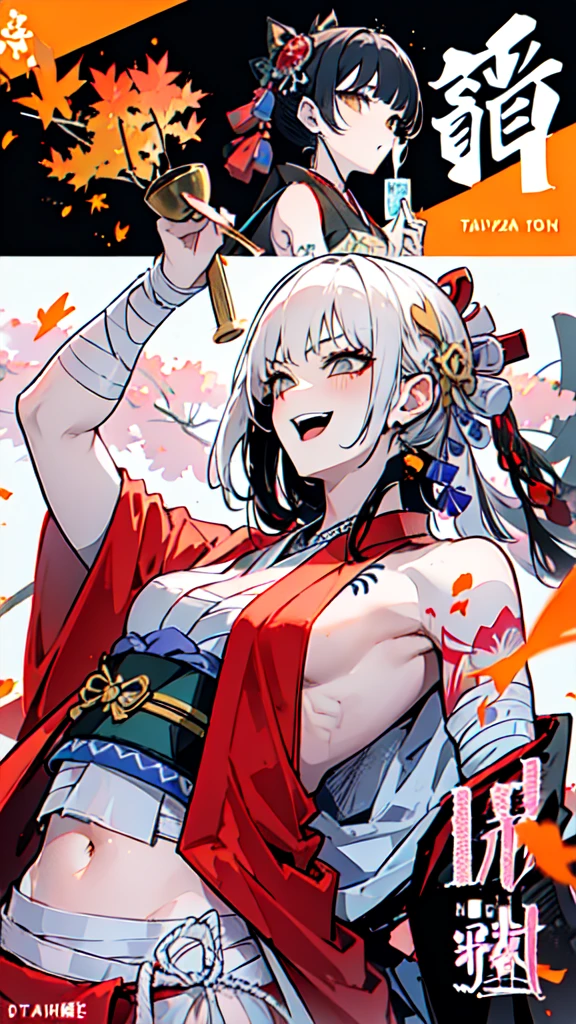 (((((roll up bandage sideways on a  chest tightly to cover the chest without gaps))))),  (((bandage samweways))),, ((Japanese Gangster BOSS)), adult woman with the dignified presence, Killing Qi, wear nothing around shoulder, wear nothing around neck, wear the kimono, wear it below the waist, I wind it up to control it, and to attach it,  ((kimono come off)) ,wear the kimono multiple times, black and gold kimono, put on over jacket of kimono, a sword on the ground, long sword, low angle, whole body, anime character, Glaring, off sholder, Excellent, can see both shoulder, long kimono hem, small face, big tattoo on the arm,muscular,((((Drinking Japanese sake with japanese grail)))), The kimono is spreading,ultra-detailed,super beautiful,Masterpiece,Killing Qi,Intimidation, a person,Selfish person,Ginkgo biloba pattern,Under the trees with autumn leaves,tall,Imposing,colorful kimono,vanpire woman,Circular tattoo on the back,can see back,Turned around pose,Retrospective, ((Hearty laughter))