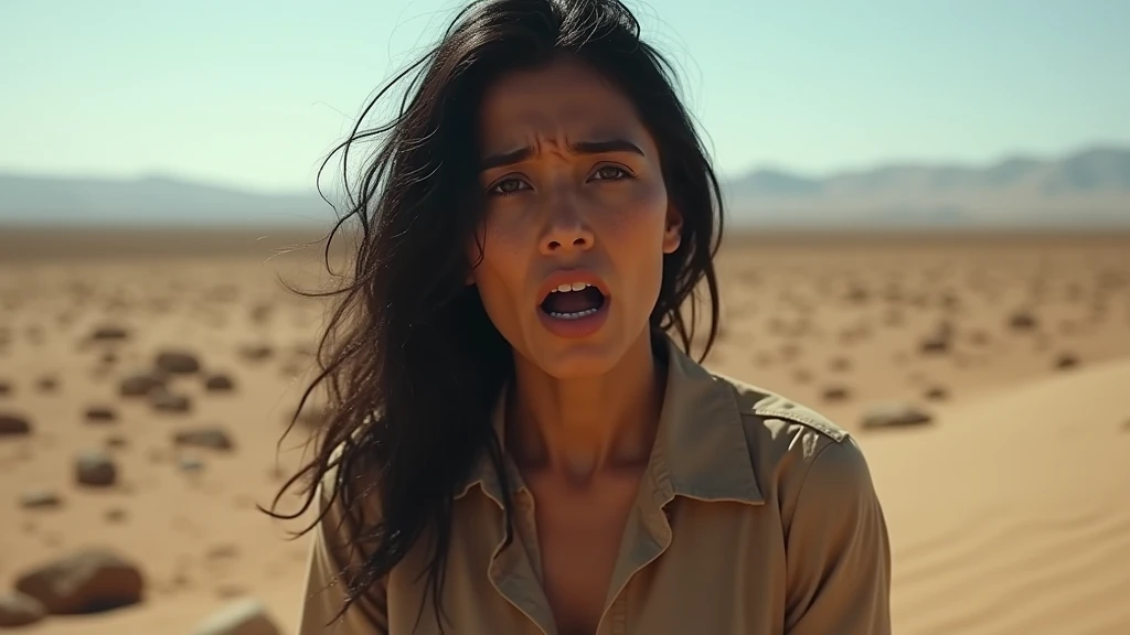 A woman, black hair, distressed, afraid face, confused face, full body, in a desert, realistic (real), Photorealistic