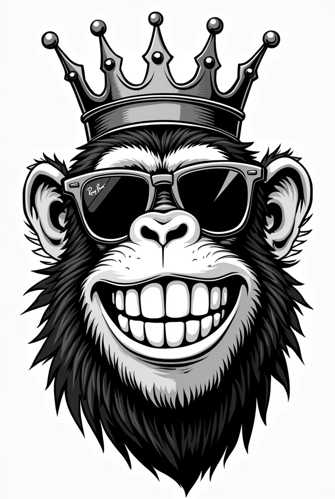 Affenkopf im comic style, ray ben sunglasses, crown, cheeky grin, black-and-white, grössere crown