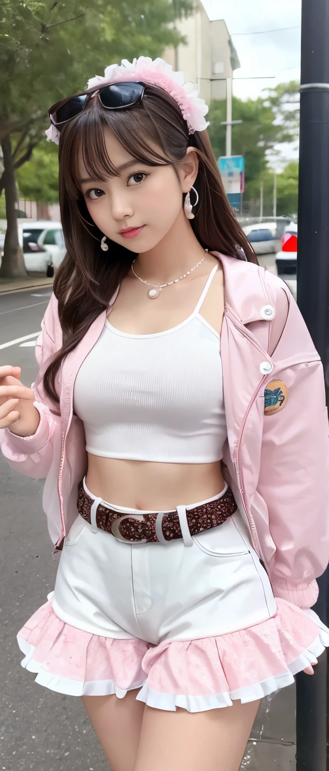 Gorgeous idol girl、whole body、Good style、、、、、、、、、、Thick legs、、Pearl White Tight Shorts、frilly pink jacket、Cool girl face、、Southern Island、、Circle Belt、
