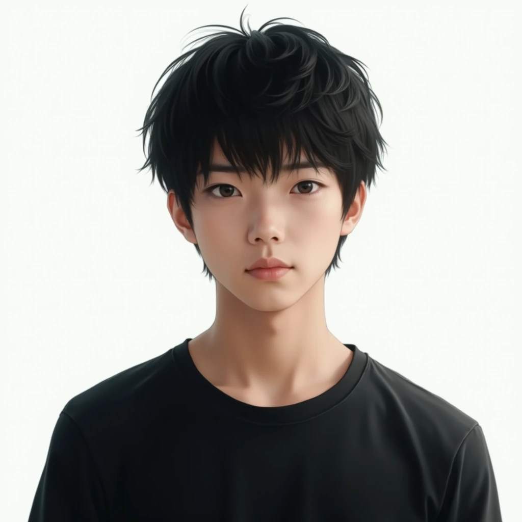 Japanese age boy wearing black shirt without smiling ,HD,4k,realistic, white background