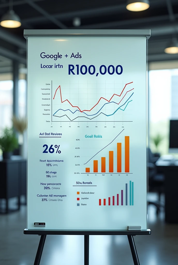 glass whiteboard with the goals achieved on Google Ads worth R$100,000 drawn on it$ 87m