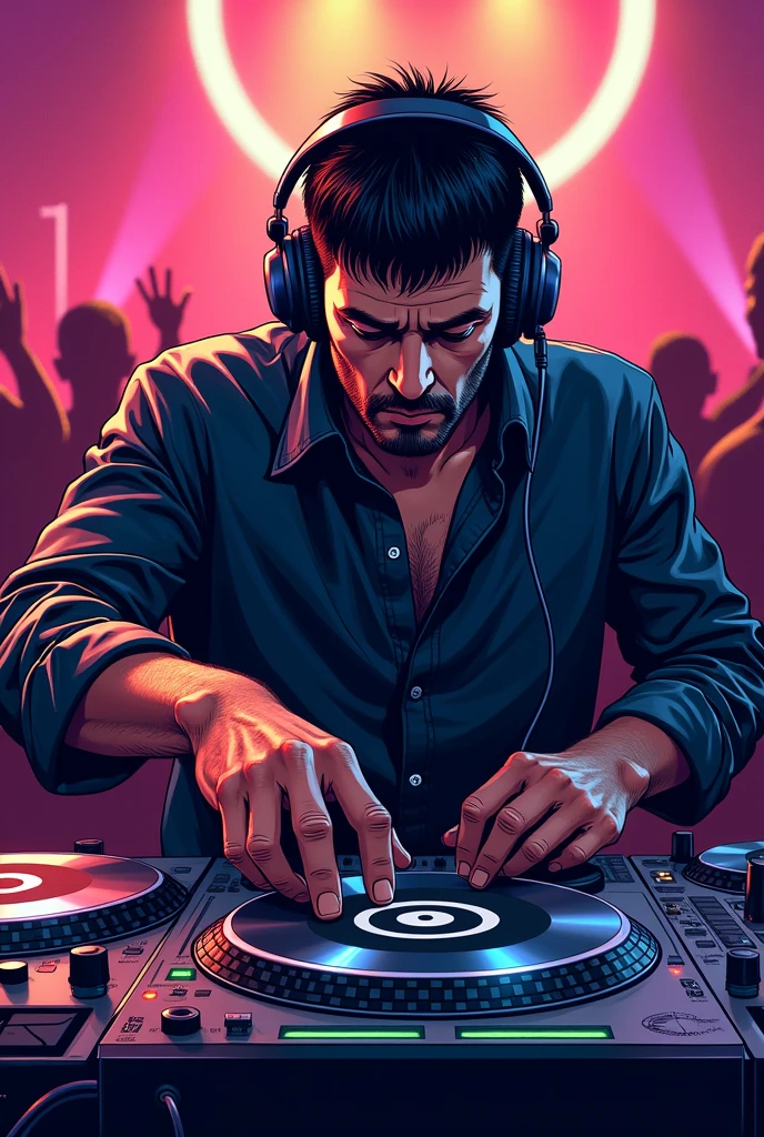 dj, heatphones, Techno, turntables, 50 year old man, comic Style, Legend, 3 Take Bart, short black hair,