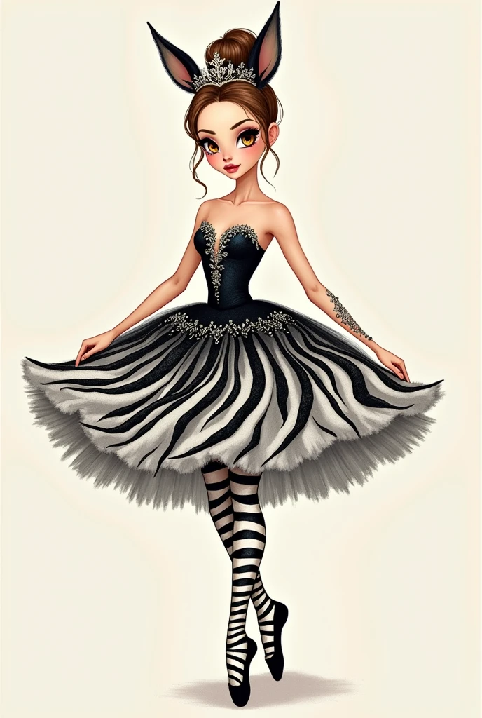 create a fashion croque, of a tutu ballerina imitating a zebra with sparkles and embroidery on the outfit, hair bun, crown, amber eyes, animal ears, best quality, best quality