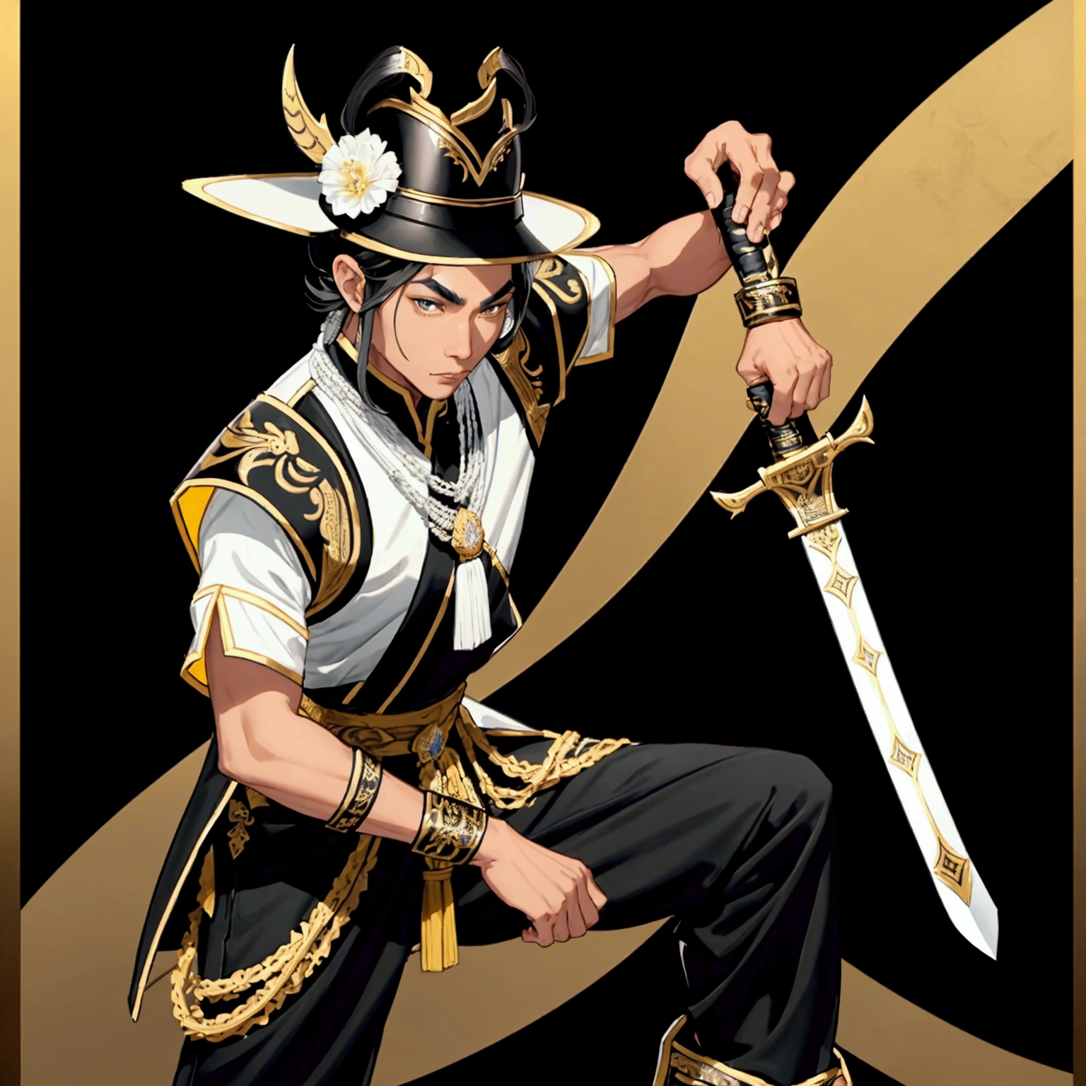 His Majesty is black, Male characters,black hair,Black eyebrows,Wearing Thai armor in black, yellow and white and holding a Thai sword.,Wear Thai warrior pants,shoe,short hair,Wear a Thai hat,high,Thai Ayutthaya style,