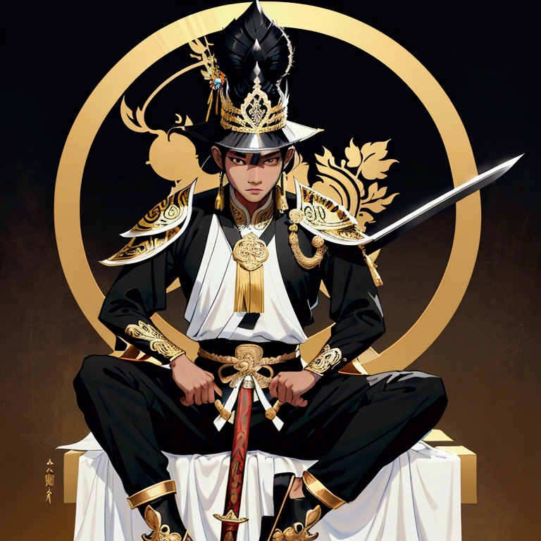 His Majesty is black, Male characters,black hair,Black eyebrows,Wearing Thai armor in black, yellow and white and holding a Thai sword.,Wear Thai warrior pants,shoe,short hair,Wear a Thai hat,high,Thai Ayutthaya style,
