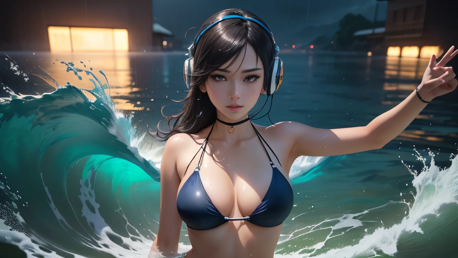anime girl in a black bikini posing in the water, wearing water-proof headphone, dancing in the rain, trending on cgstation, smooth anime cg art, realistic bikini, wallpaper anime blue water, guweiz, detailed digital anime art, artwork in the style of guweiz, extremely detailed artgerm, photorealistic anime girl render, fanart best artstation, trending at cgstation, advanced digital anime art