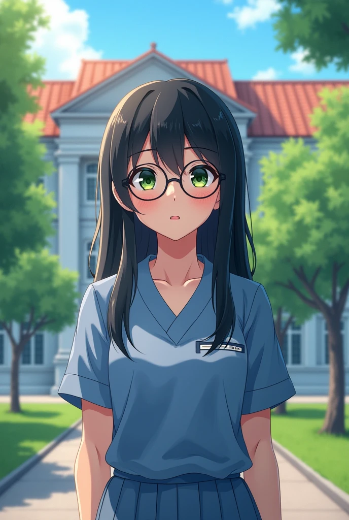 A girl of medium height with straight hair, black and long, green eyes and wears glasses,  Entering nursing college for the first time